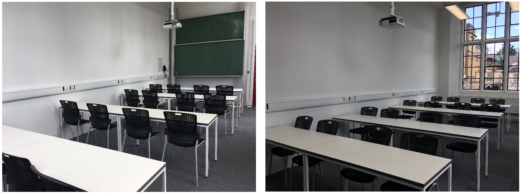 Tables and chairs in rows facing the teaching wall.